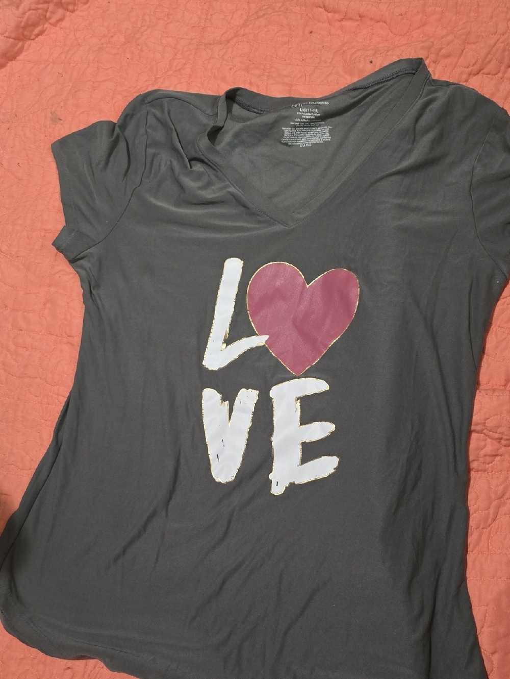 No Bondaries, Dark Gray V-Neck Tee with LOVE Heart Graphic